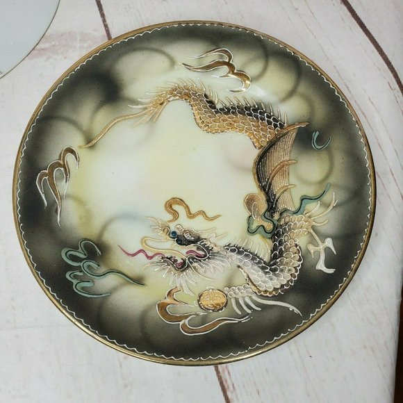 Vintage Hand Painted Japanese Moriage Black Dragon Ware Plate Saucer - Picture 10 of 11